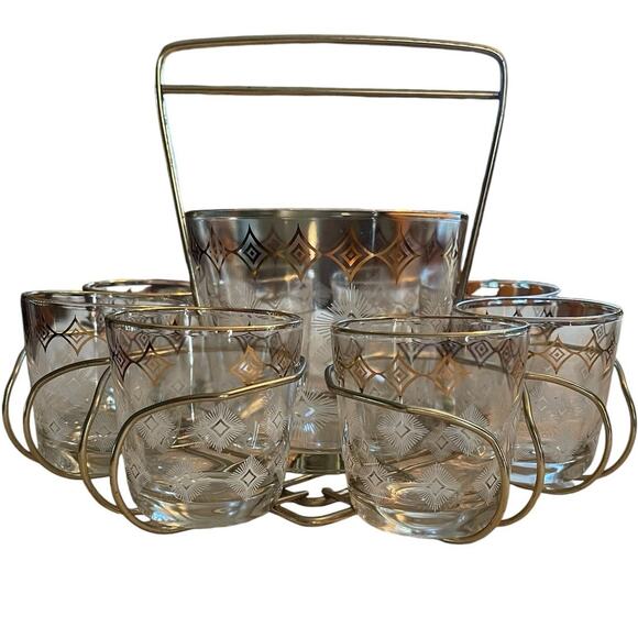 Jeannette Glass Atomic 10 Piece MCM Vintage Bar Set Glasses Ice Bucket Carrier - Picture 6 of 13